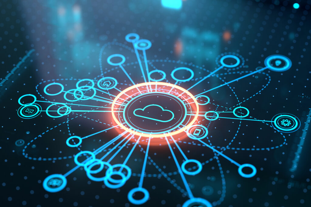 Illustration of cloud computing connections and data flow, representing modern cloud infrastructure services for scalable and flexible IT solutions