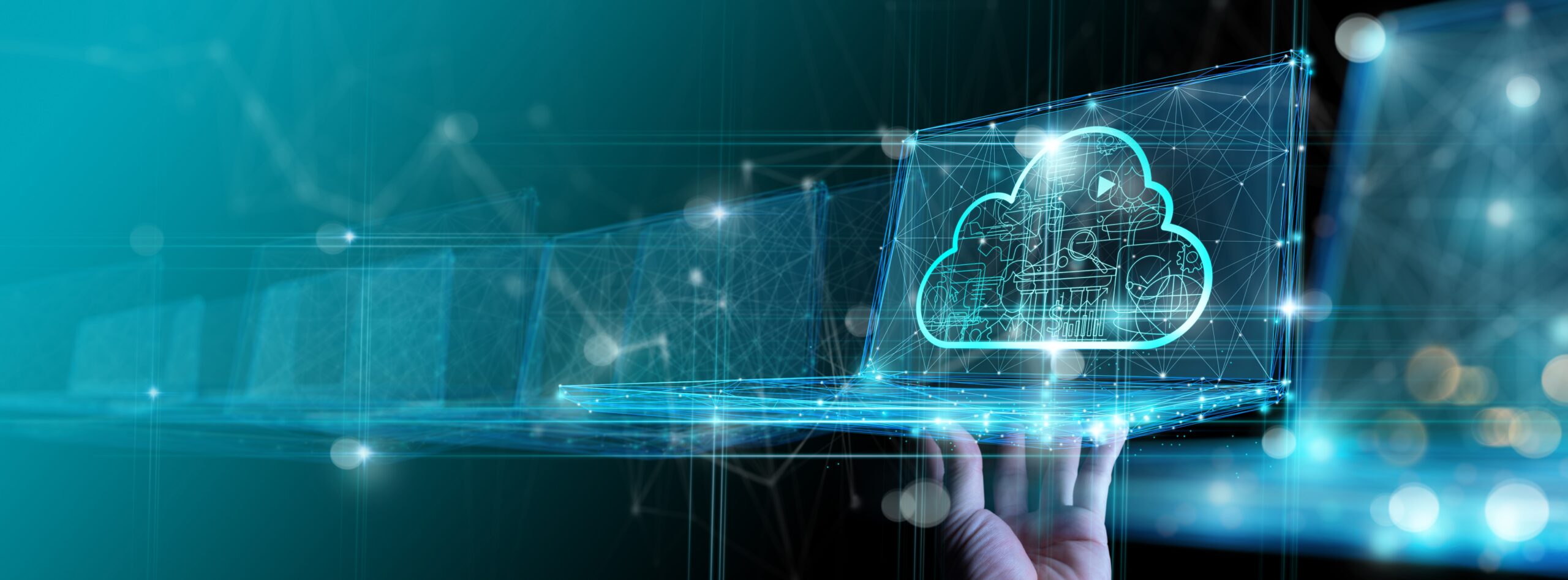 Innovative representation of cloud infrastructure services on a laptop, highlighting global accessibility and seamless integration