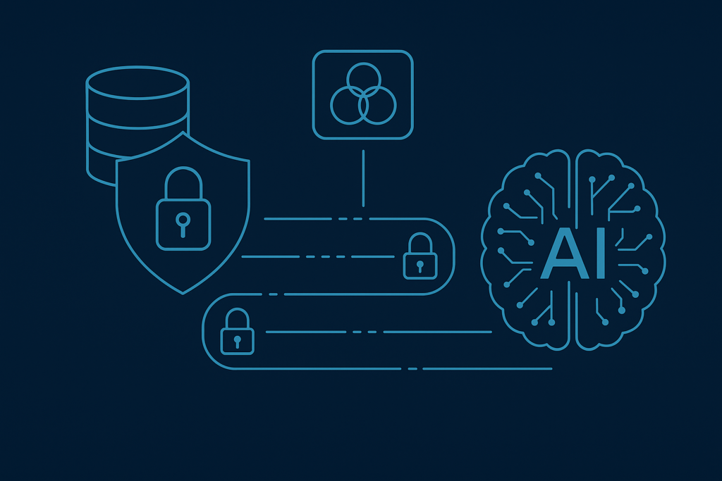 AI model diagram showing secure data pipelines and privacy layers