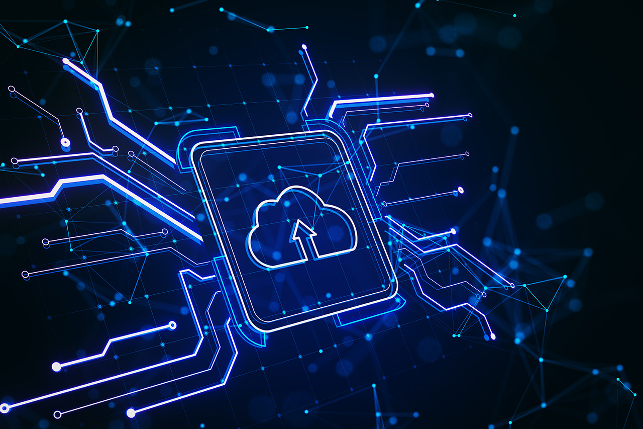Creative square circuit button hologram with cloud icon dark wallpaper technology cloud computing concept 3d rendering