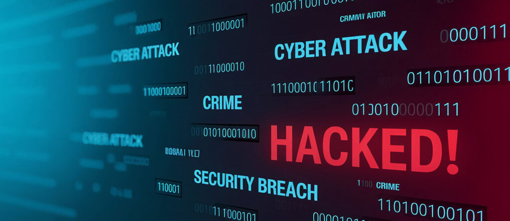 cybersecurity breach featuring the words “HACKED,” “CYBER ATTACK,” and binary code, symbolizing credential stuffing attacks, data leaks, and identity compromise.