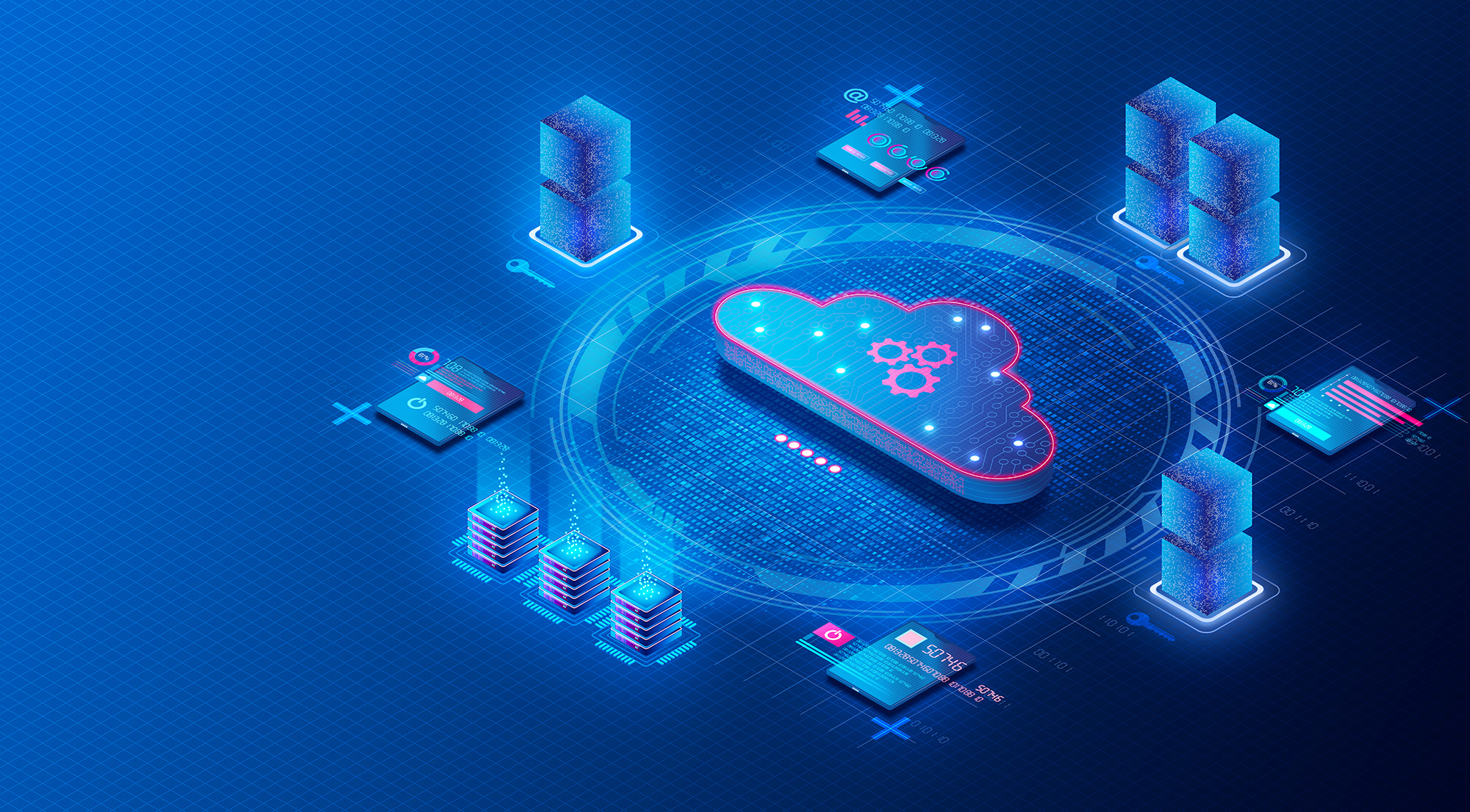 3D illustration of a digital cloud surrounded by connected data blocks, servers, and user interfaces representing serverless architecture and cloud computing infrastructure.