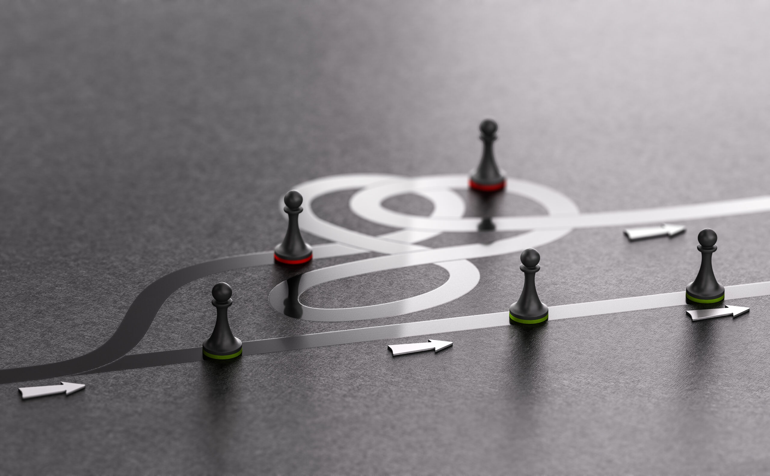 A conceptual image showing pawns navigating two different paths—one straight, one tangled—on a dark board with directional arrows. The image symbolizes complexity versus clarity in user journeys and system alignment.