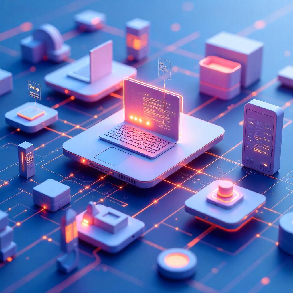 A futuristic digital illustration of interconnected enterprise systems represented by floating laptops, devices, and control units on a glowing grid. The scene emphasizes modular architecture and data flow, aligning with themes of user journey mapping and digital transformation.