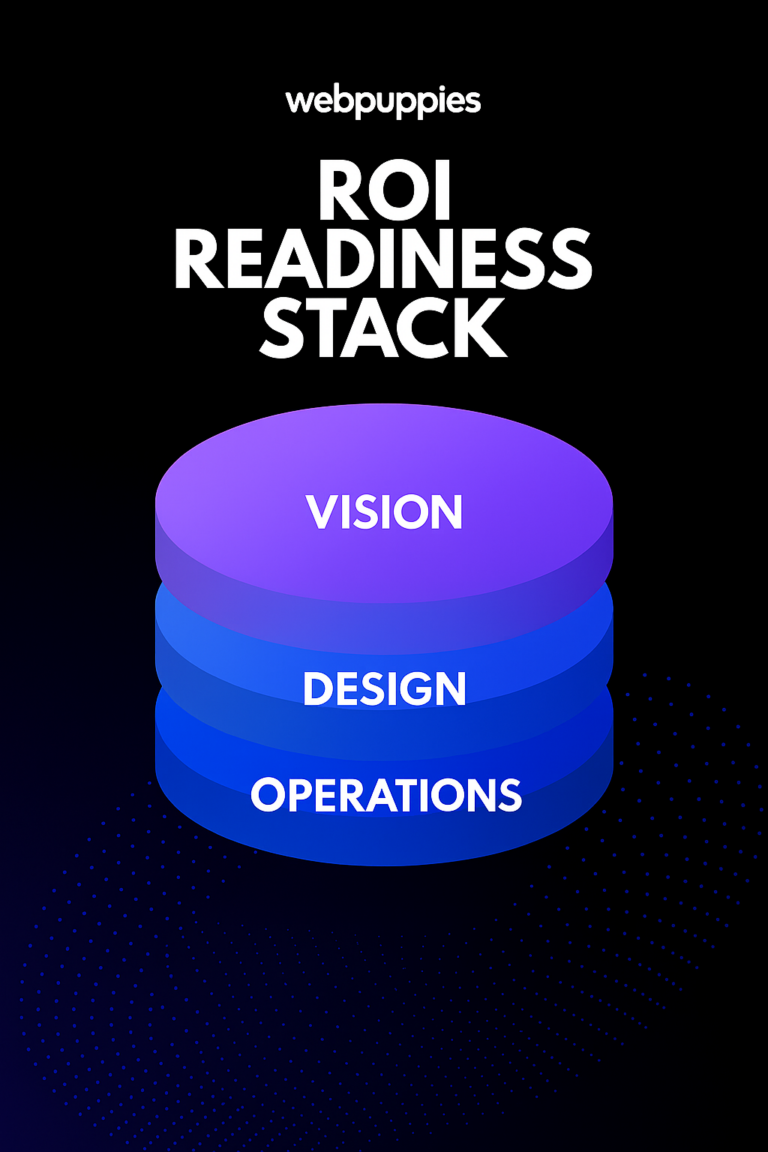 ROI Readiness Stack with Vision, Design, and Operations layers in Webpuppies’ gradient style