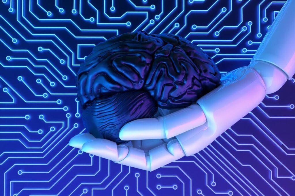 A robotic hand gently holding a human brain against a digital circuit background, symbolizing the intersection of artificial intelligence and human cognition.