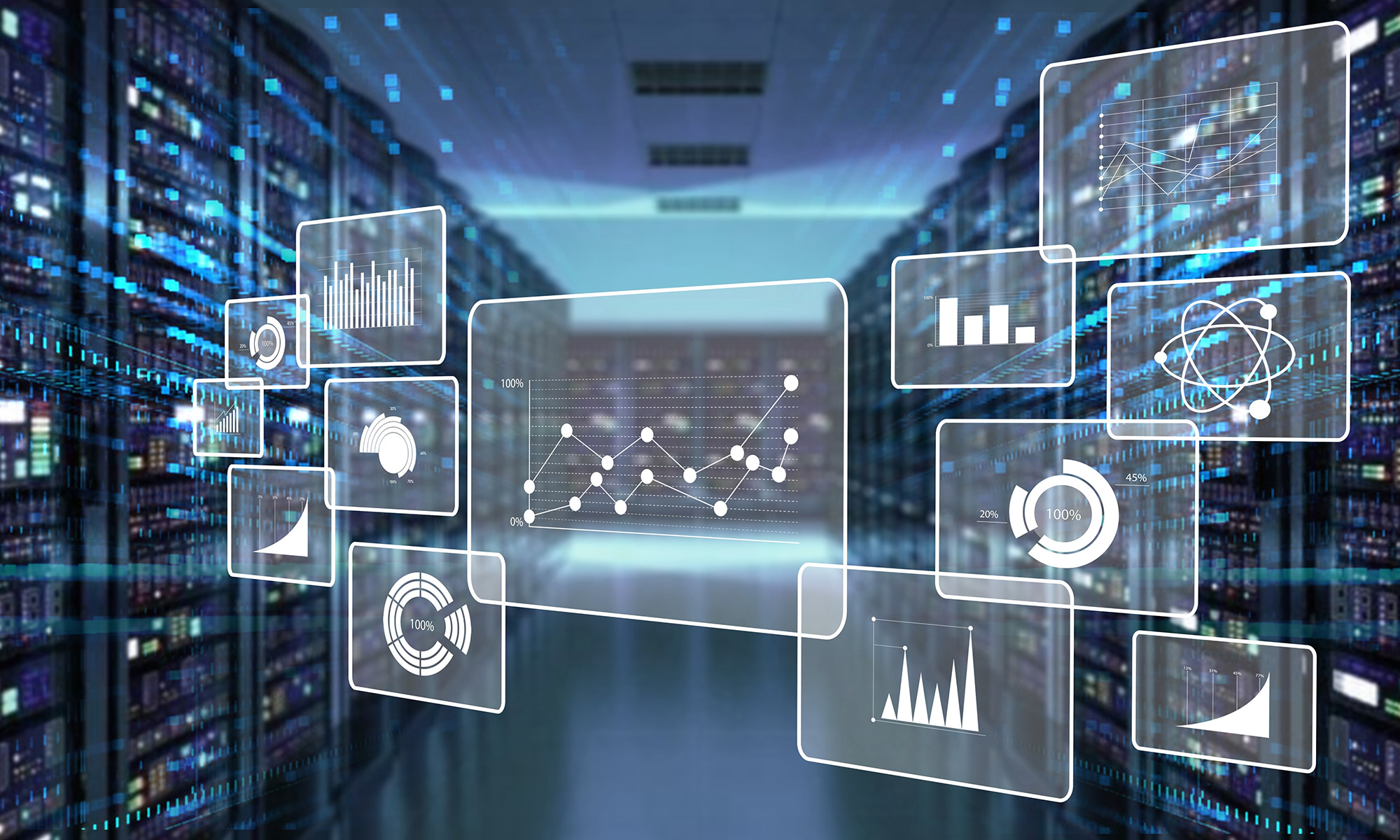 Modern data center with rows of servers and transparent digital overlays of charts, graphs, and data visualizations, representing centralized analytics, real-time dashboards, and enterprise data platform capabilities.