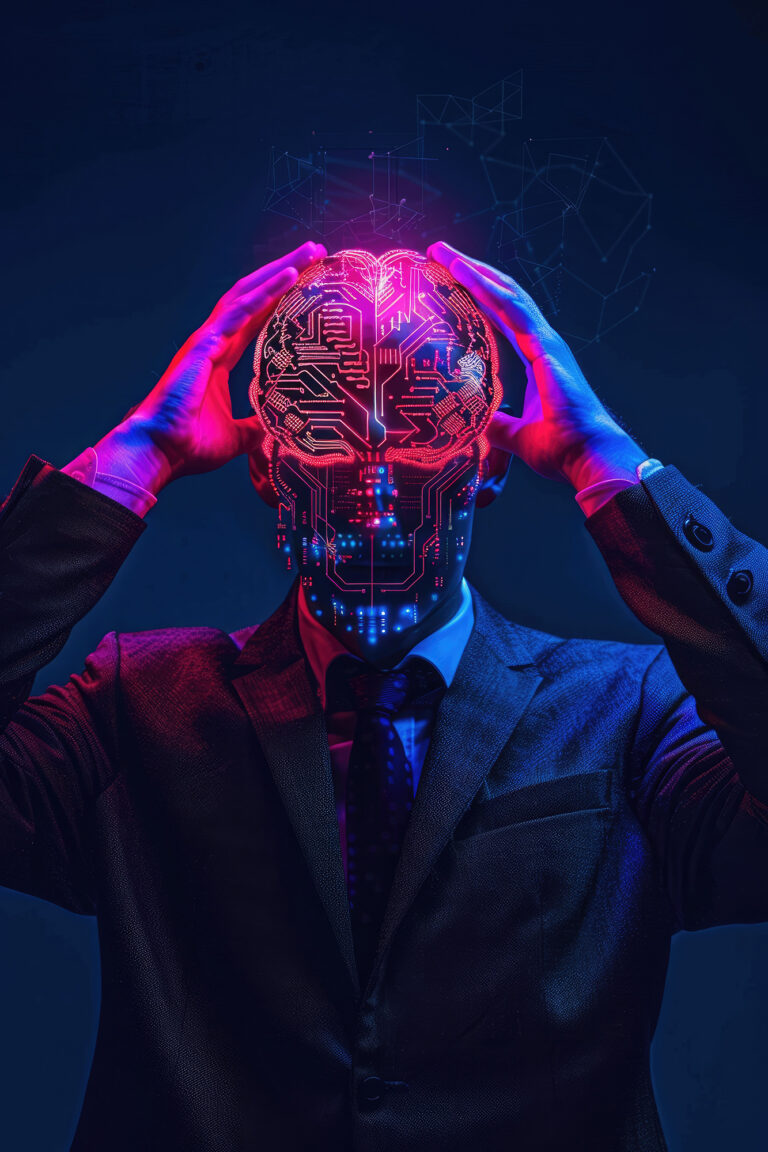 A businessperson holding a glowing digital brain composed of circuit patterns