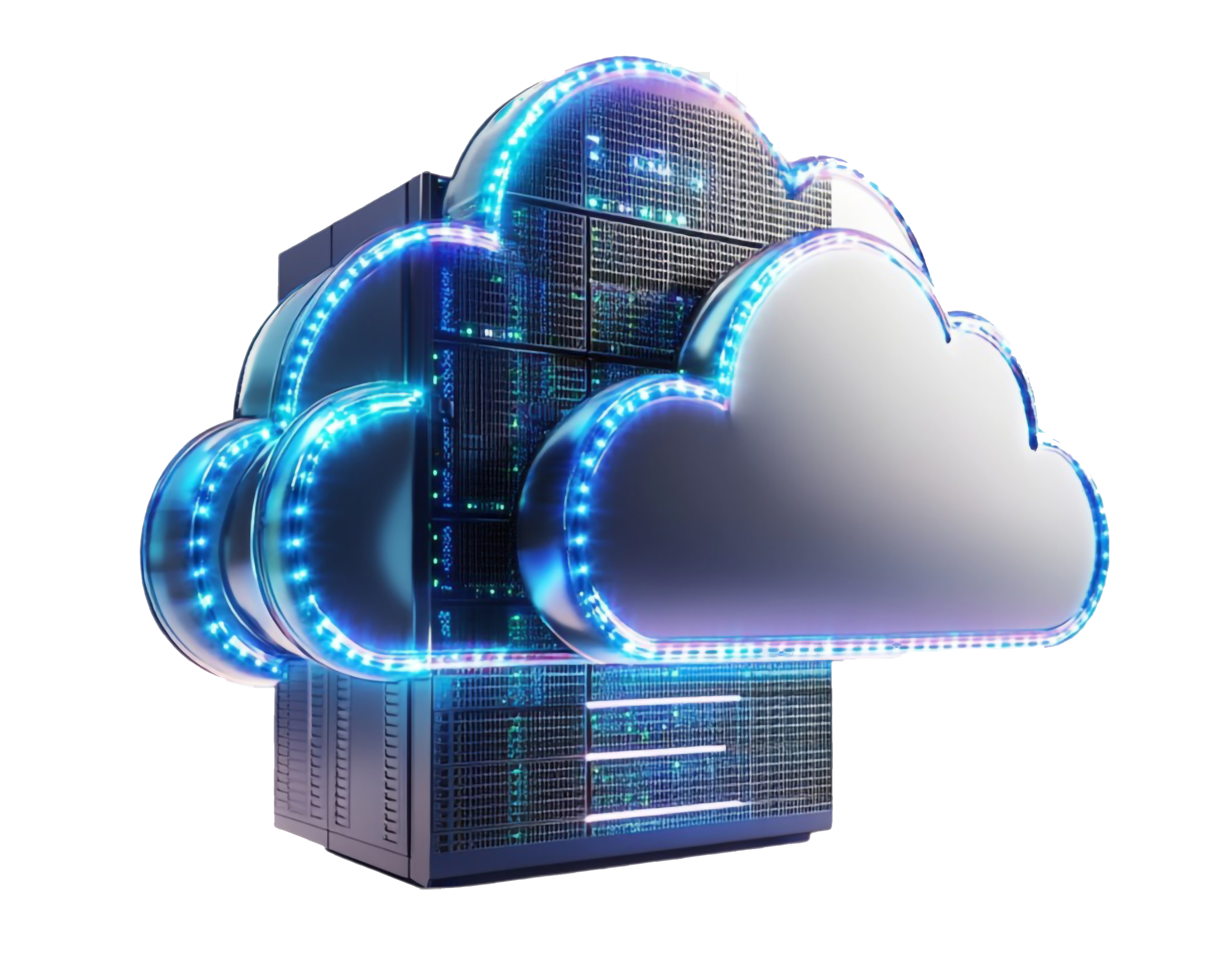 Futuristic cloud icon integrated with a server rack, symbolizing cloud infrastructure and serverless computing technologies.
