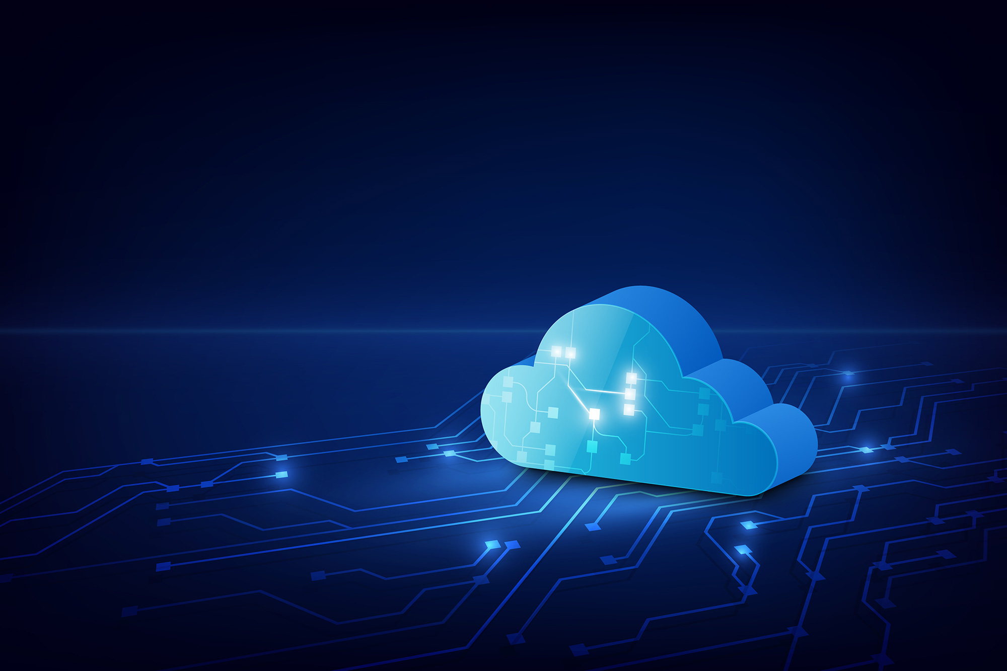 Digital cloud icon glowing with circuit connections on a dark blue background, symbolizing cloud computing infrastructure and data flow.