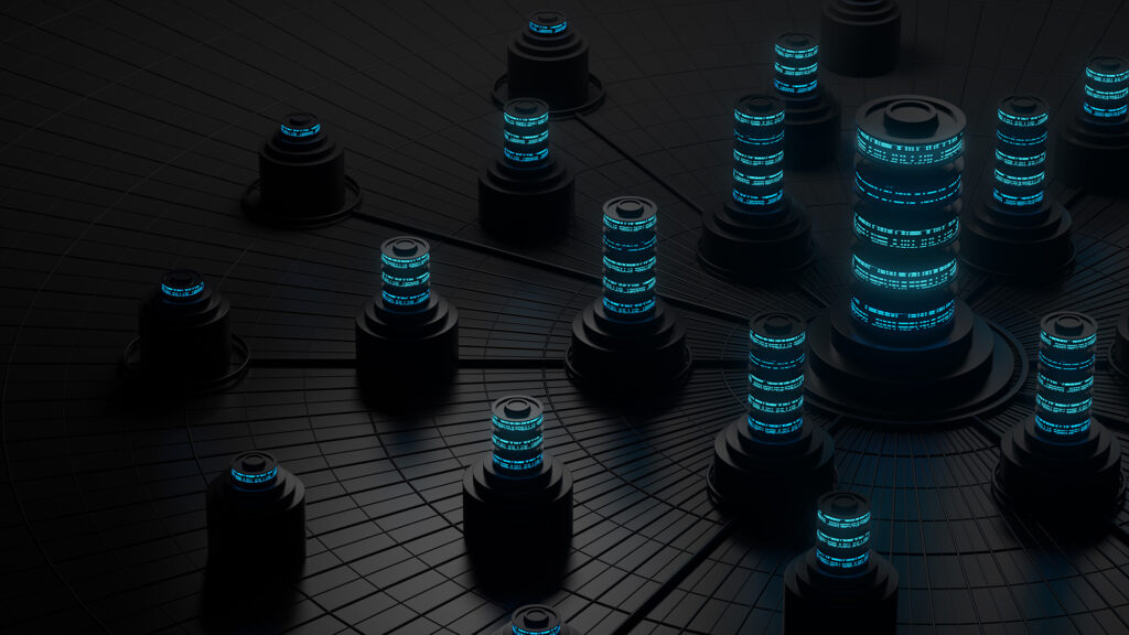Illustration of interconnected data towers or server stacks emitting blue digital code, representing centralized data architecture and networked enterprise systems.