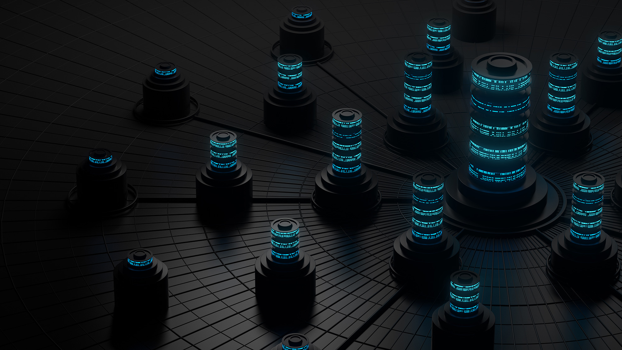 Illustration of interconnected data towers or server stacks emitting blue digital code, representing centralized data architecture and networked enterprise systems.