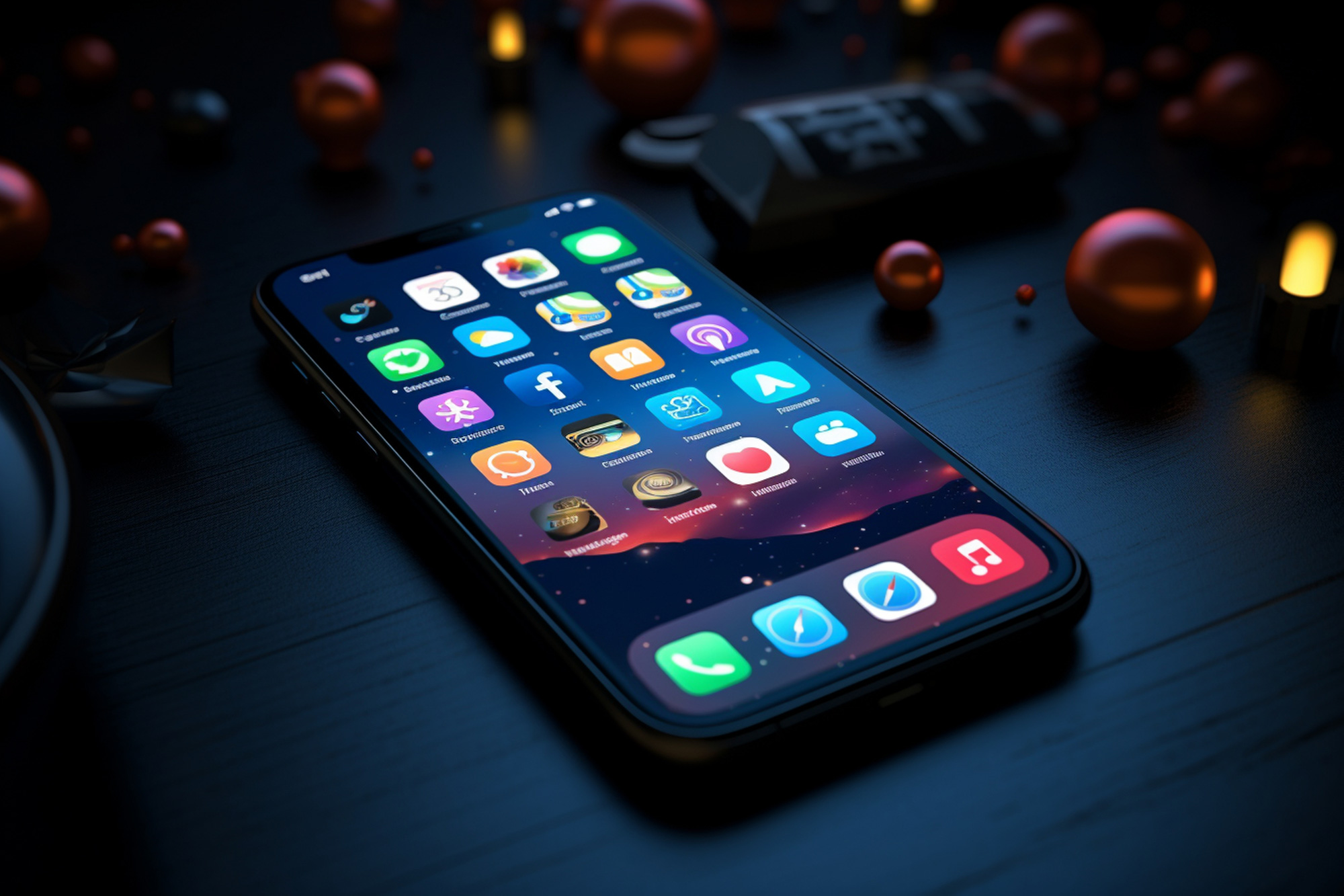 Modern smartphone displaying a variety of app icons on the home screen, placed on a dark surface with festive decorative elements in the background.