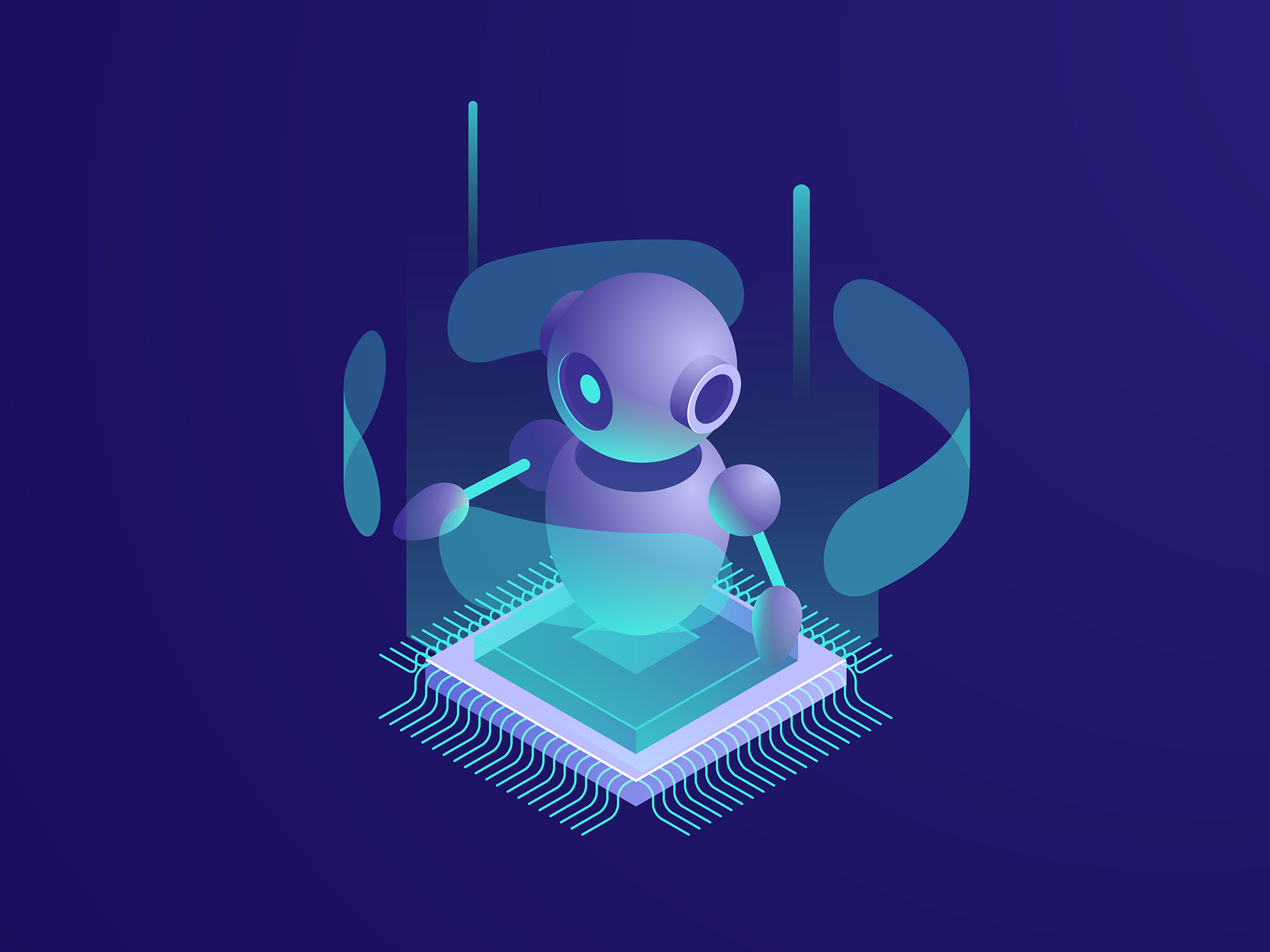 Futuristic illustration of a small AI robot emerging from a microchip, surrounded by abstract digital elements; symbolizes artificial intelligence embedded in computing infrastructure and product development.