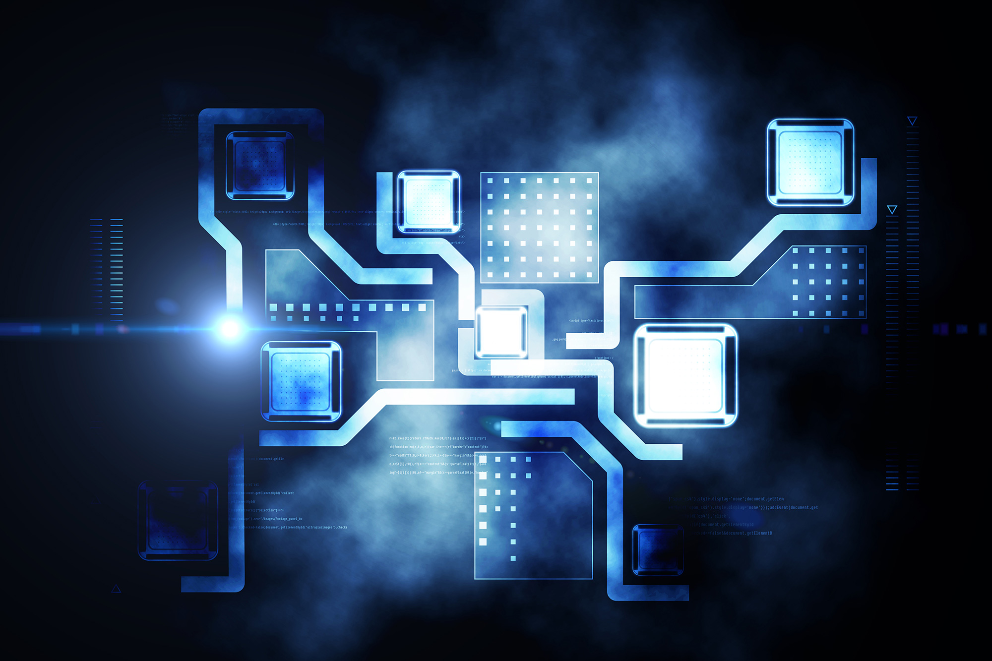 Abstract digital system architecture with interconnected modules and data blocks on a dark blue background, representing scalable infrastructure design.