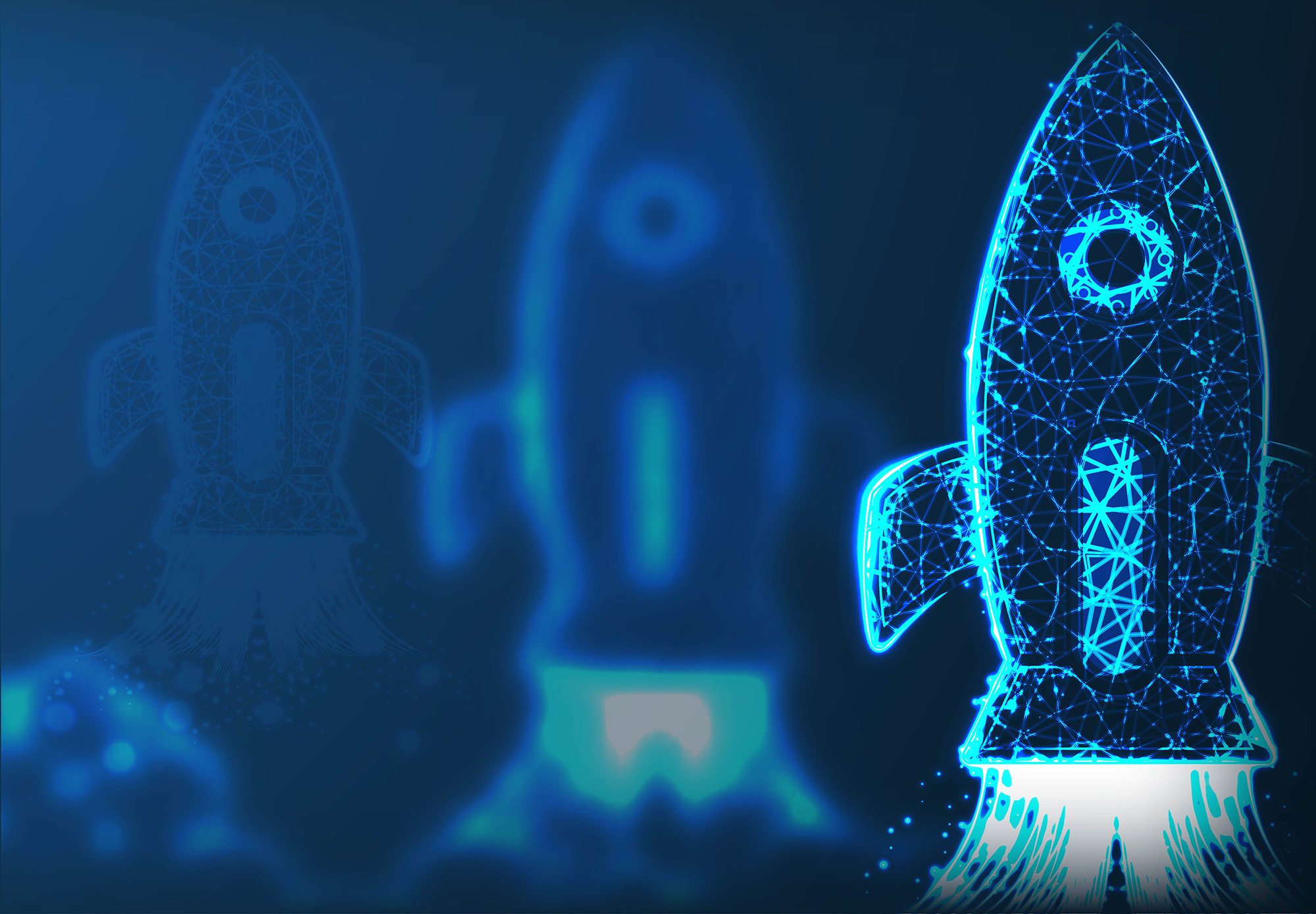 Illustration of three rocket ships in digital wireframe style, symbolizing technology-driven product launches; the rightmost rocket is in sharp focus with a glowing blue outline, representing accelerated progress or successful deployment.
