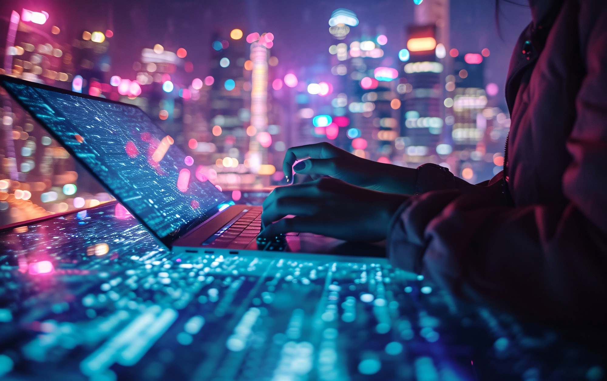 A person types on a laptop with digital data visualizations projected across the keyboard and screen. The background features a vibrant, futuristic cityscape with colorful lights and a tech-forward atmosphere, symbolizing digital transformation and urban connectivity.
