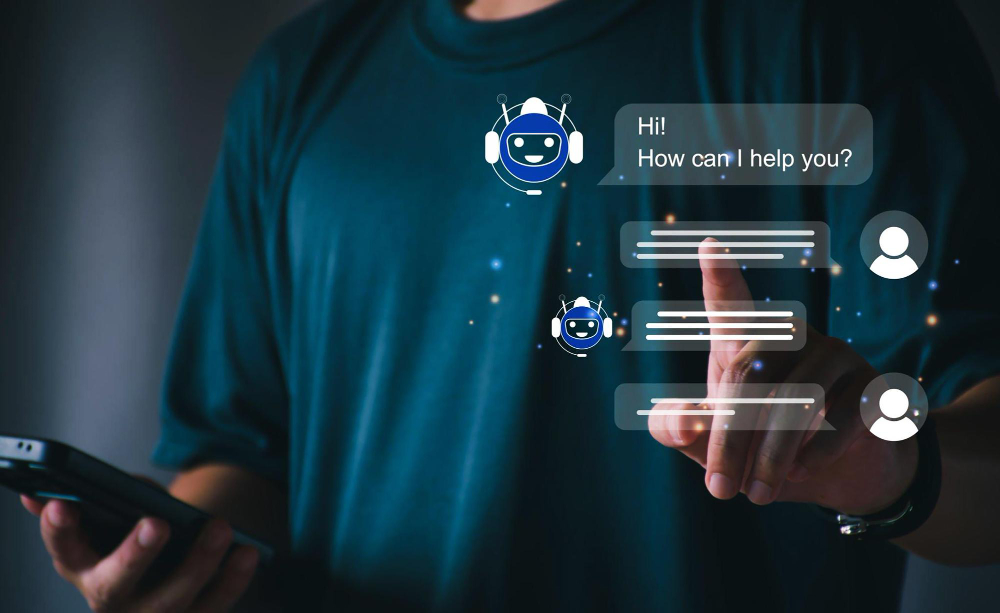 Person interacting with a digital chatbot interface featuring a friendly robot icon and chat bubbles.