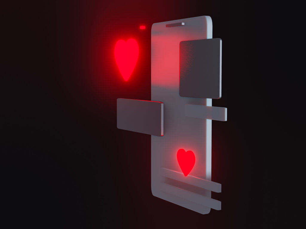 3D render of a smartphone with glowing red heart icons and abstract UI elements, symbolizing online dating or a dating app interface.