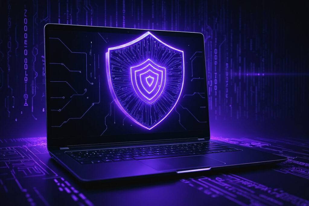 Illustration of a laptop with a glowing digital shield, representing cybersecurity and VAPT protection