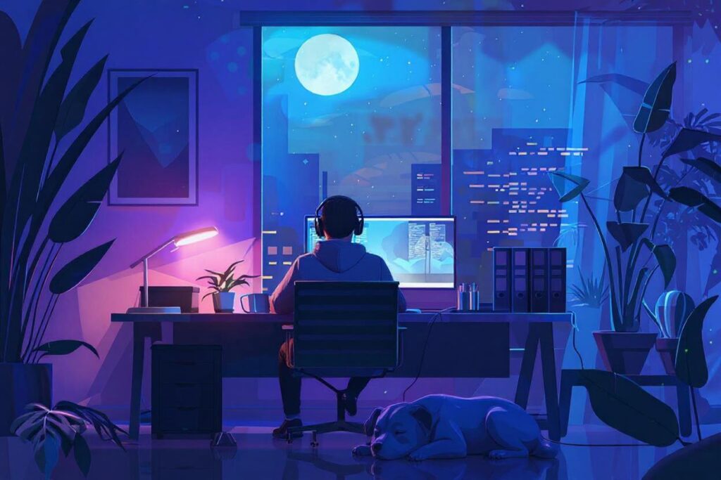 Developer working late at night, coding with AI assistance, surrounded by plants and city lights