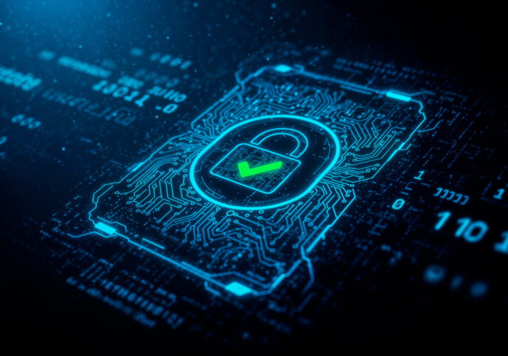 Digital lock icon overlaid on a smartphone circuit board, symbolizing mobile and web security protection in a high-tech environment.