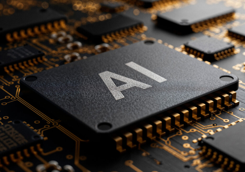Close-up of a computer chip labeled "AI" on a circuit board, symbolizing artificial intelligence integration in hardware and enterprise systems