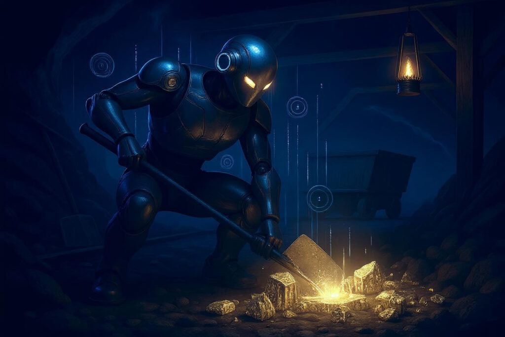 AI robot shoveling glowing gold blocks in a dark, blue-purple-lit underground mine, with digital interface elements hovering in the air — symbolizing the AI gold rush