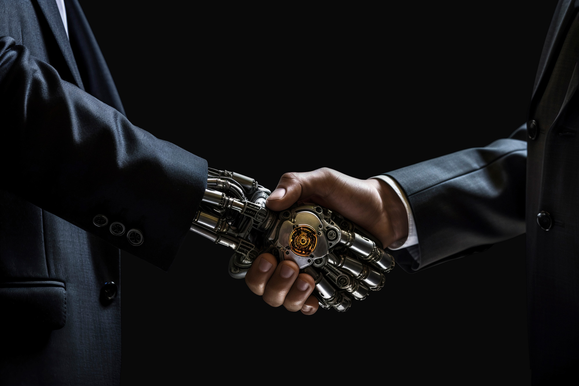 Human hand in a business suit shaking hands with a robotic hand, symbolizing collaboration between artificial intelligence and enterprise decision-makers.