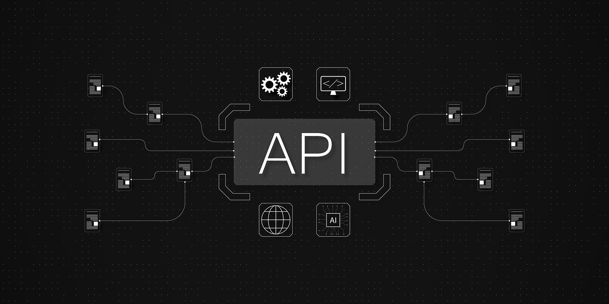 Diagram-style graphic showing the word “API” at the center, with connected icons representing system integration, global networks, artificial intelligence, and software components.