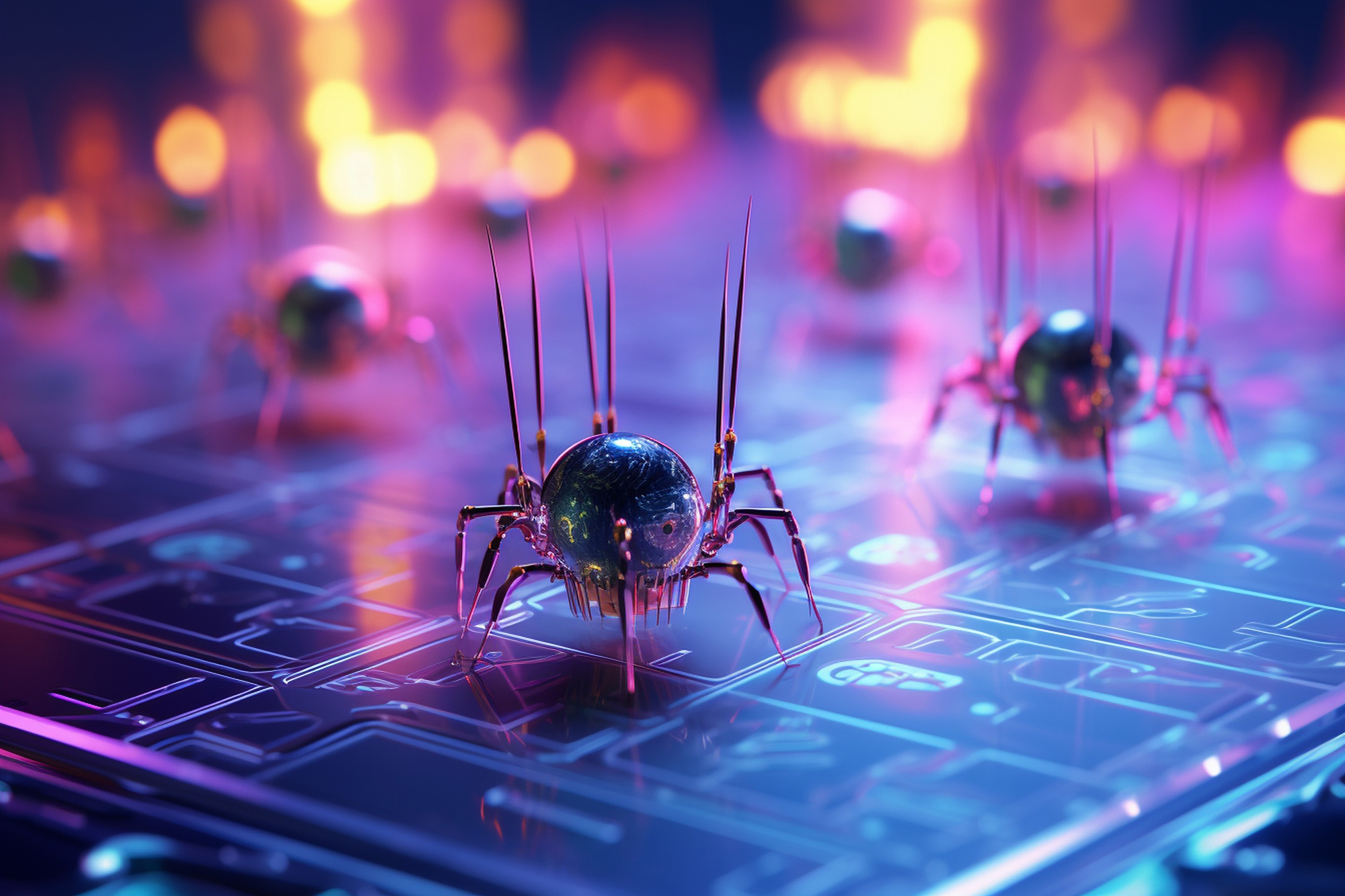 Digital nanobots crawling across a stylized website interface