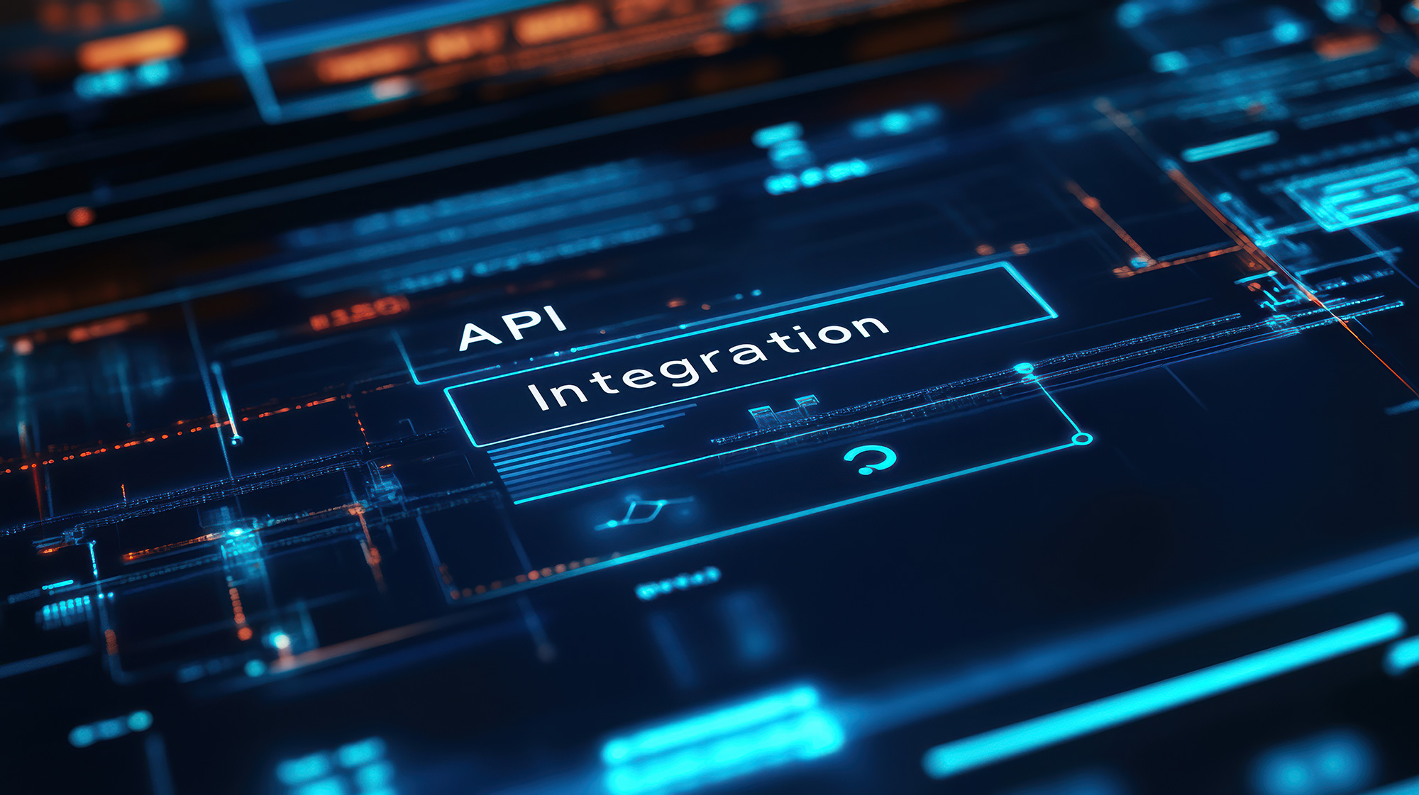 Digital interface displaying the words “API Integration” on a futuristic screen, symbolizing software connectivity and system interaction.