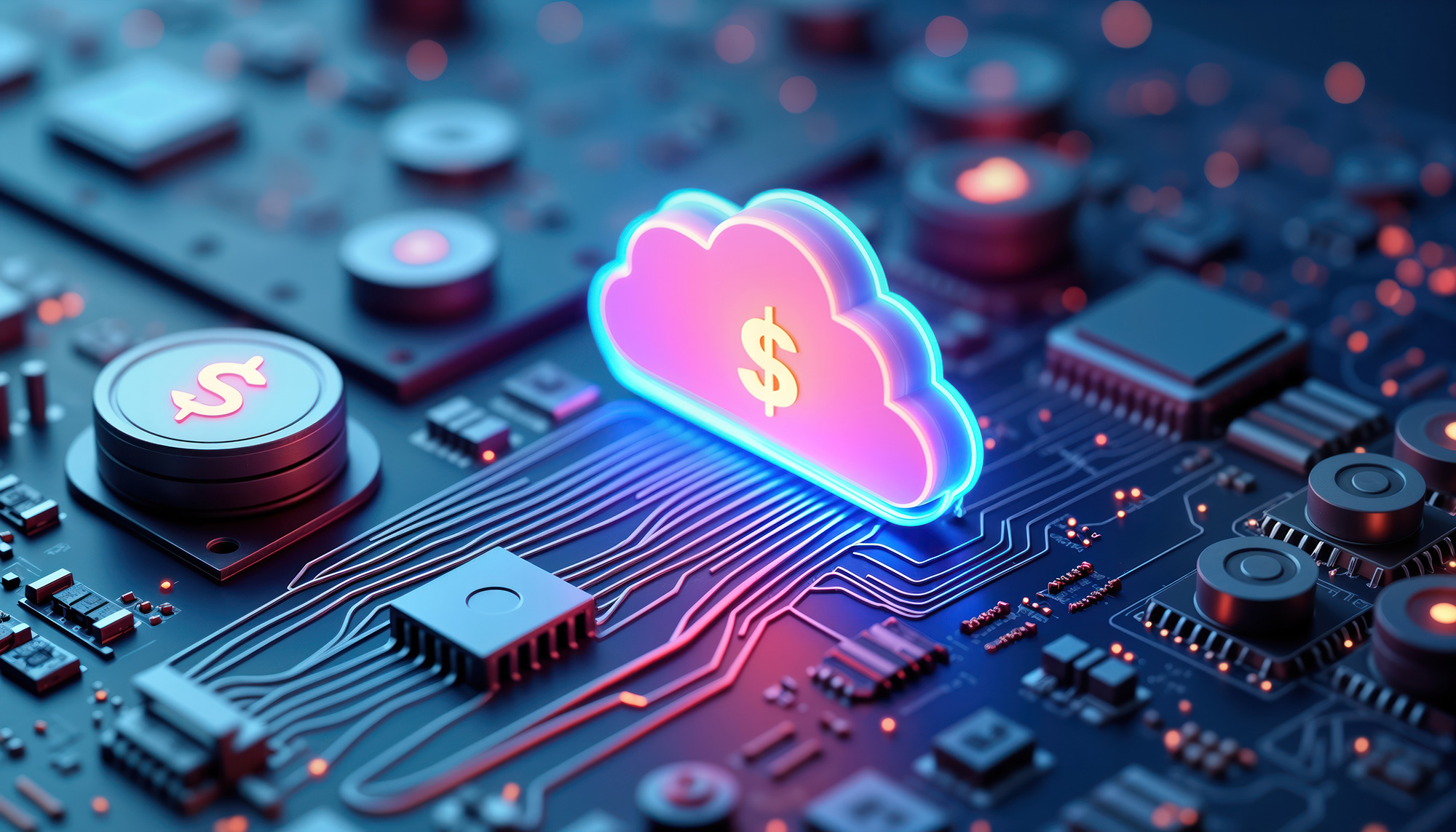 A glowing neon cloud with a dollar symbol sits atop a futuristic circuit board, representing financial control in cloud infrastructure