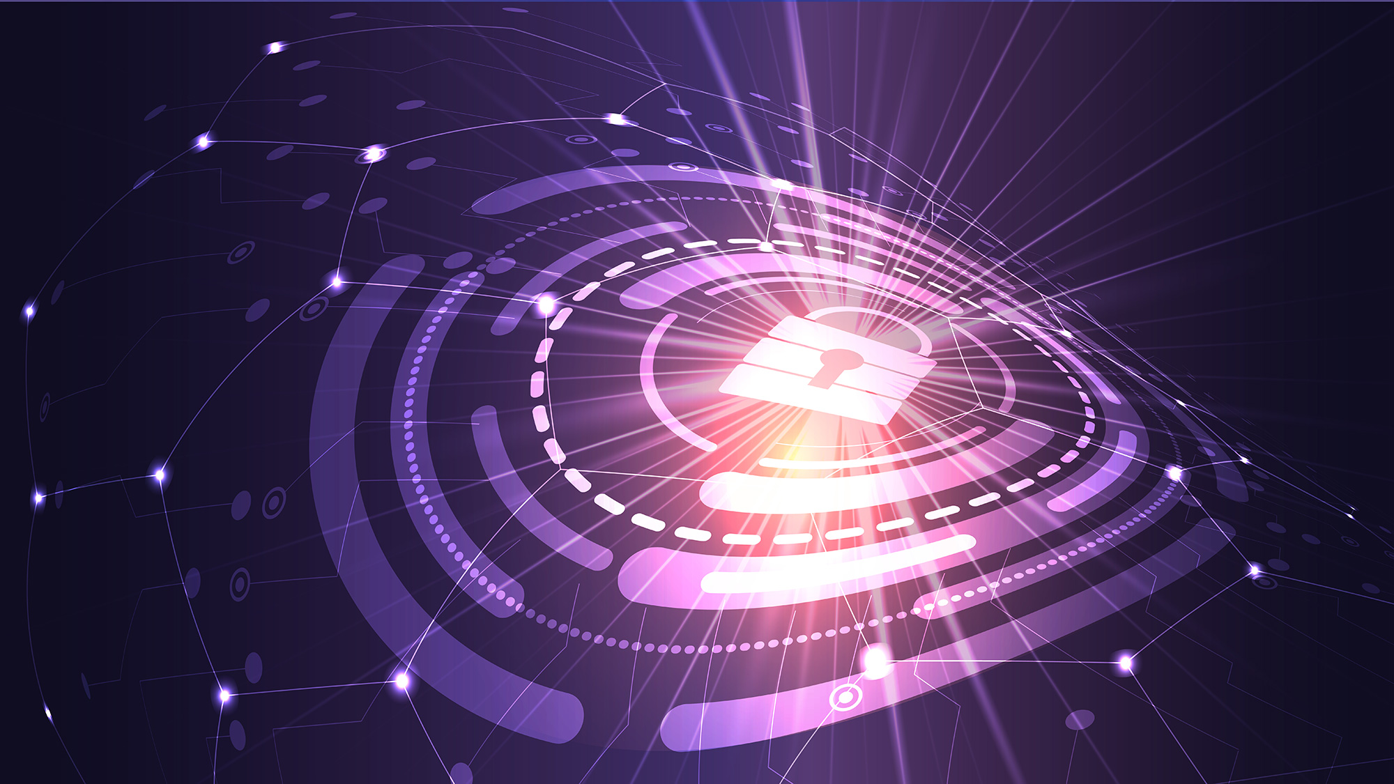 Digital lock surrounded by abstract concentric circuits and data flows, symbolizing cybersecurity and network protection