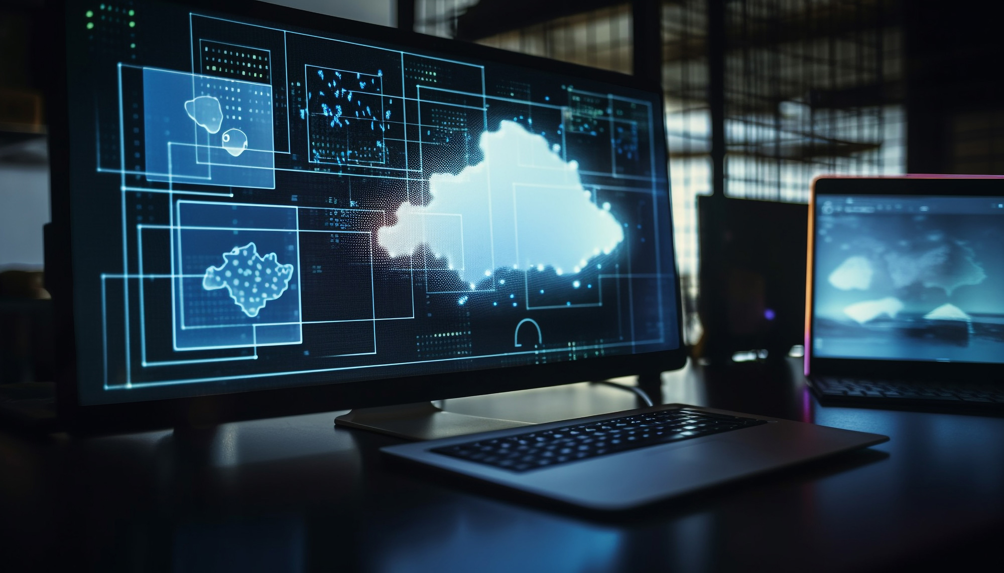 Cloud infrastructure visualized on desktop and laptop screens, representing cloud-based system integration and data orchestration.