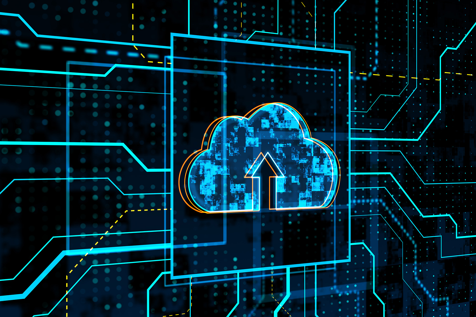 Digital cloud icon with an upward arrow, representing cloud integration and data flow within a connected system architecture.