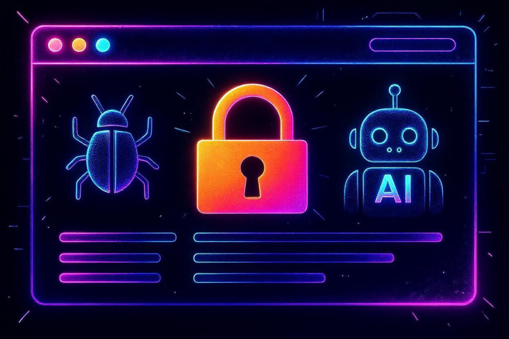 Stylized browser window in neon colors featuring three central icons: a bug on the left, a padlock in the center, and an AI robot on the right