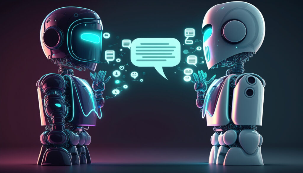Two futuristic robots communicating through digital chat bubbles, symbolizing AI conversation or chatbot interaction.