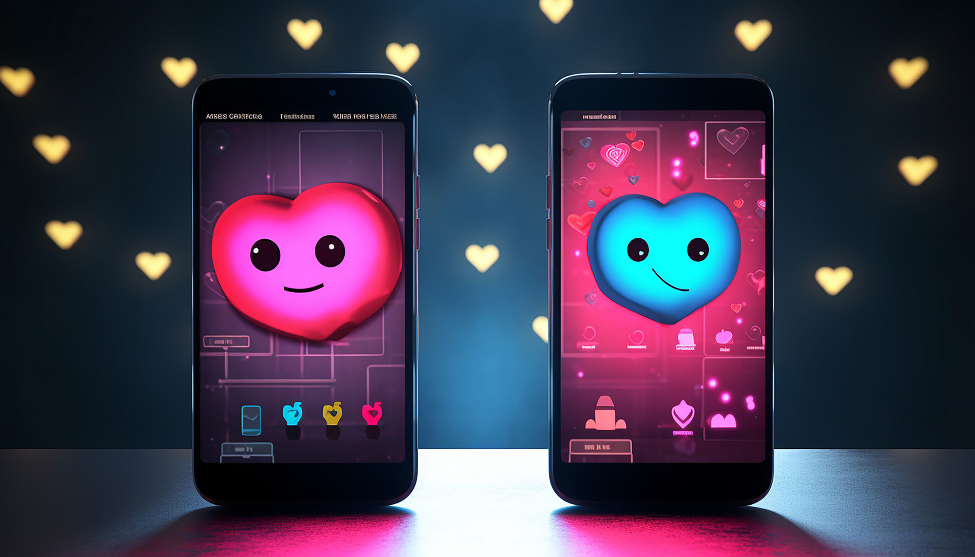 Two smartphones side by side displaying animated heart emojis on screen, symbolizing connection and messaging in a dating app, with glowing hearts in the background.