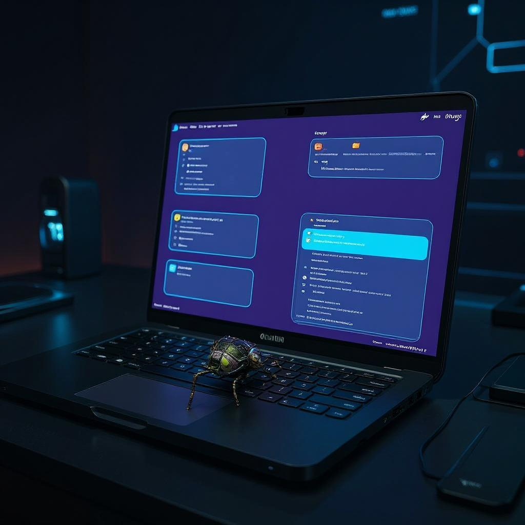 Futuristic robotic bug crawling across a glowing neon website interface on a laptop screen, symbolizing AI crawlers indexing web content.