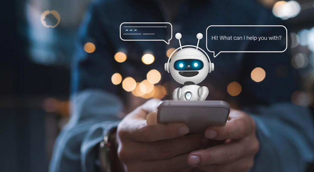 Person holding a smartphone with a futuristic chatbot robot projected above the screen, symbolizing ChatGPT and conversational AI for data governance and compliance support.
