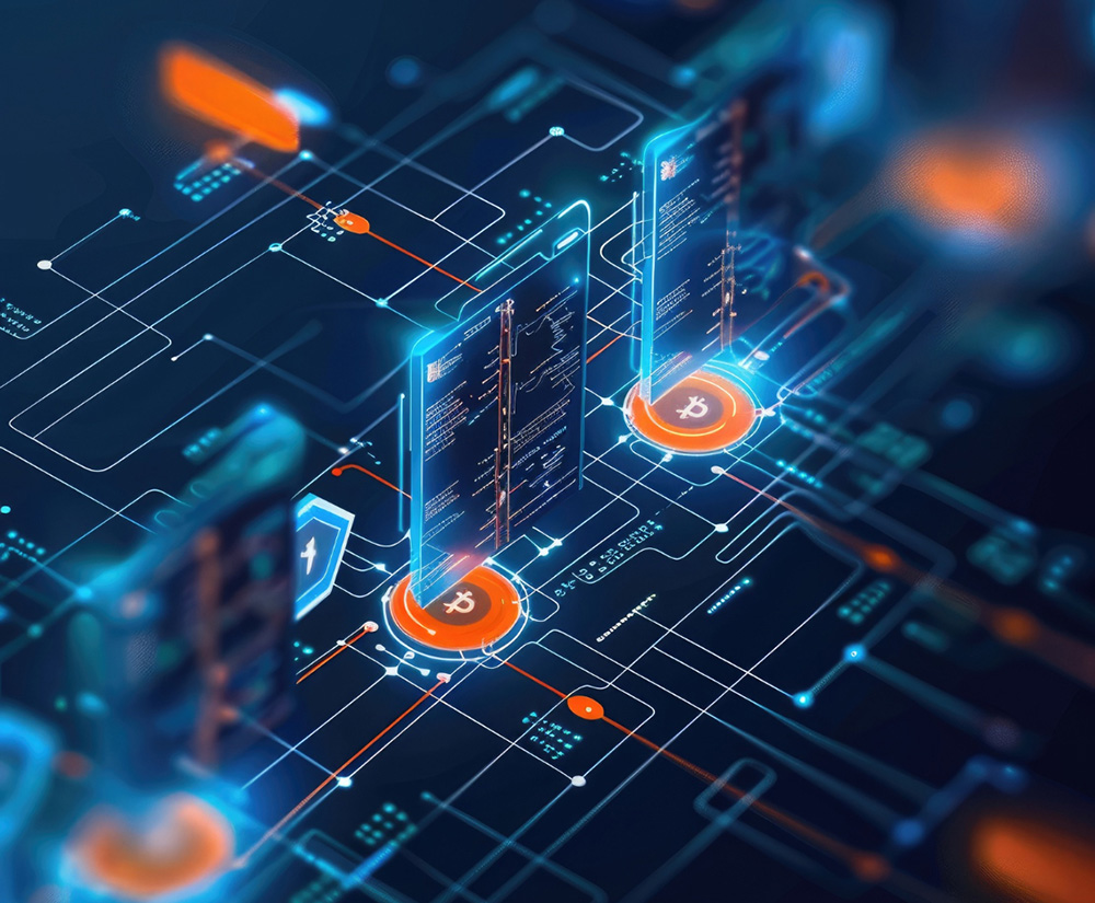 Futuristic digital interface with glowing data flows, servers, and blockchain-inspired nodes, symbolizing AI-powered metadata management, data lineage, and automated governance systems.
