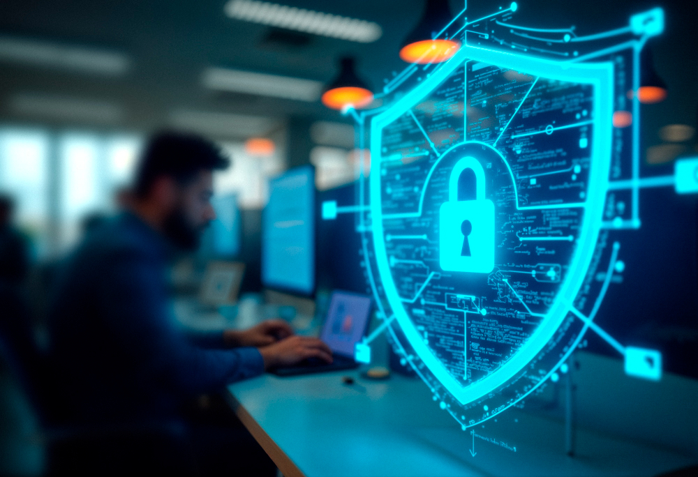 AI-generated illustration of a glowing digital shield with a lock symbol, representing enterprise data security, governance compliance, and AI-driven threat detection.