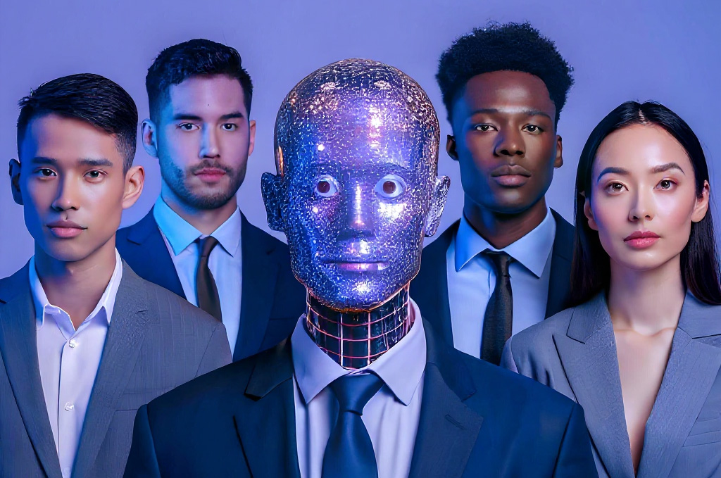 A humanoid robot with a glowing digital head stands in the center of four diverse business professionals in suits