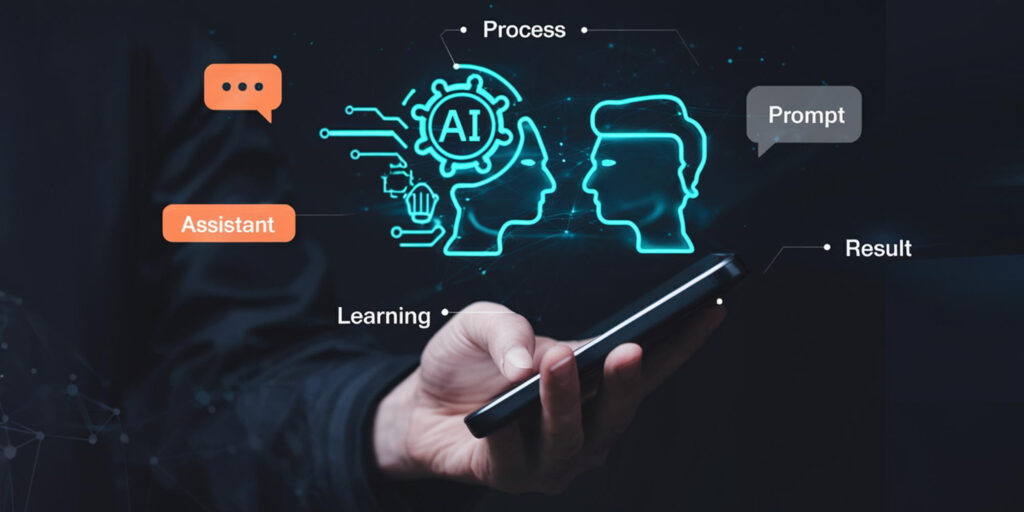 A person holding a smartphone with a glowing AI graphic showing two human profiles, icons for assistant, prompt, learning, process, and result — symbolizing AI consultancy and business applications in Singapore.
