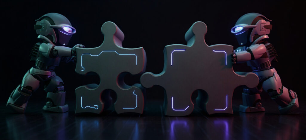 Two futuristic AI robots push glowing puzzle pieces together, symbolizing collaboration between AI consulting and AI services.