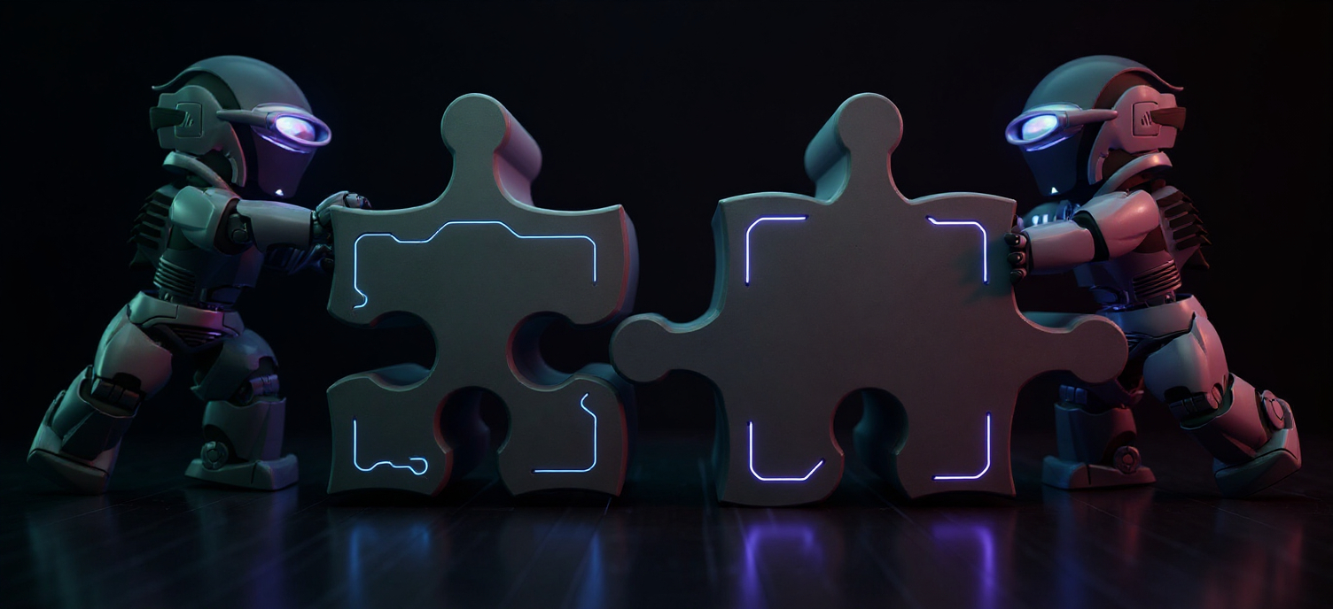Two futuristic AI robots push glowing puzzle pieces together, symbolizing collaboration between AI consulting and AI services.