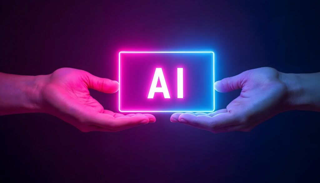 Two hands exchanging a glowing neon AI sign in pink and cyan colors, symbolizing the choice between building or buying AI tools
