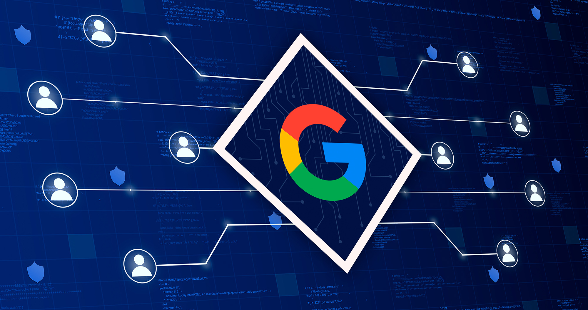 Google logo in a diamond shape against a dark blue digital network background