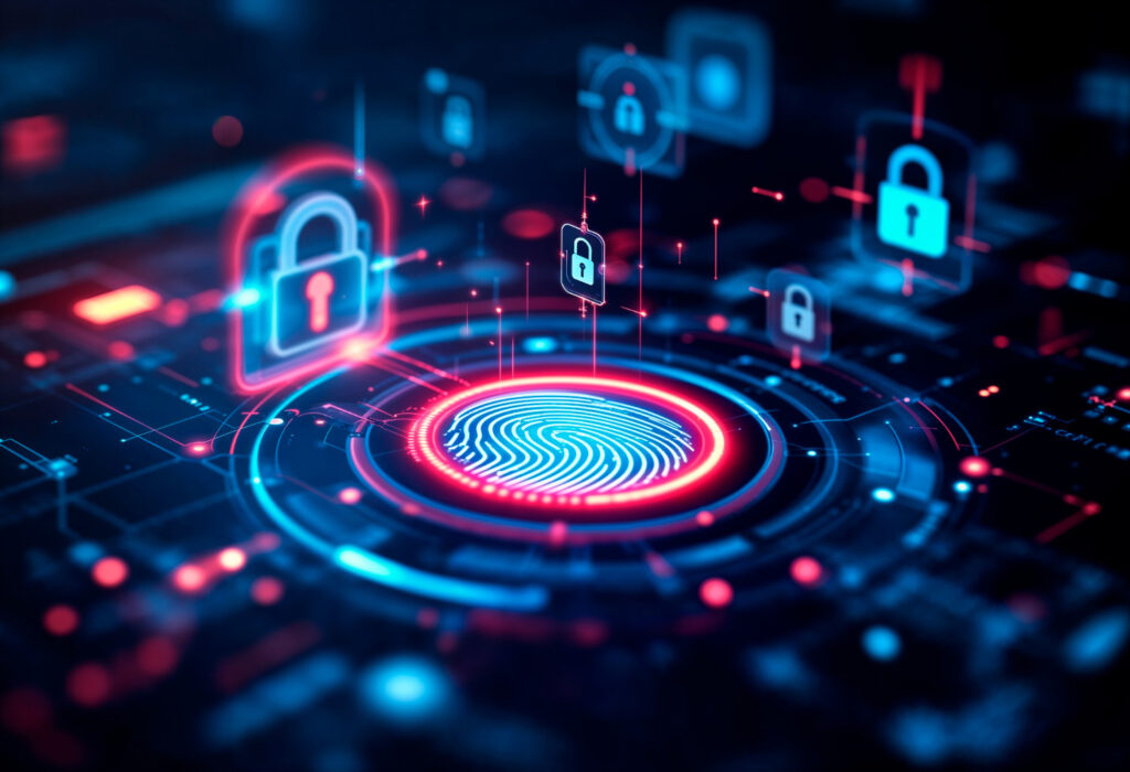 Digital fingerprint authentication with cybersecurity locks and data protection icons, symbolizing prevention of cyberattacks.